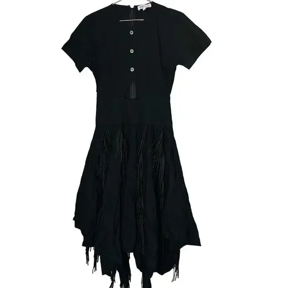 BIBHU MOHAPATRA Black Mid Cutout Fringe Detail Western Midi Dress size 8 - Picture 2 of 11